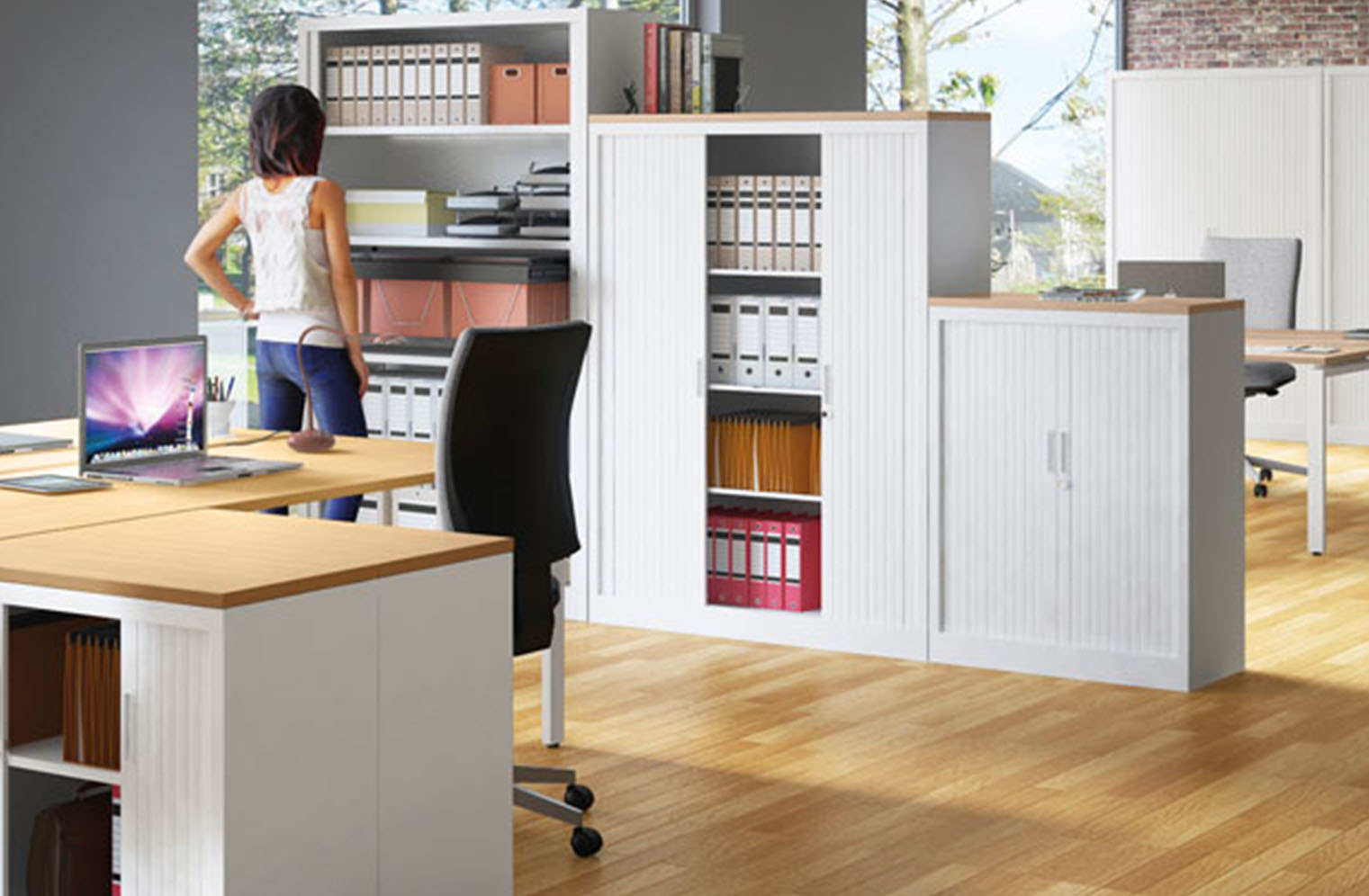 Armoire de Bureau Basse 2 Portes Blanc + Chêne Clair INEO - SIMMOB